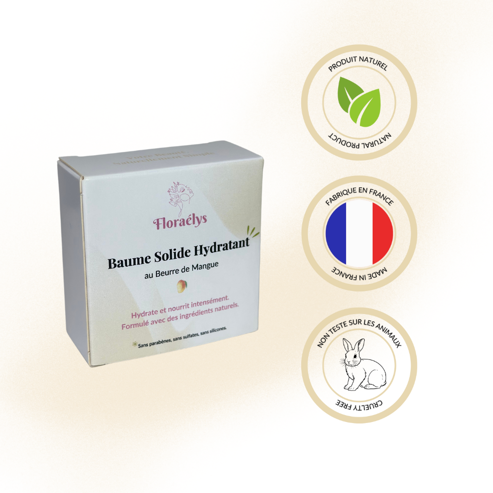 Packaging du baume solide hydratant Floraélys et mentions produit naturel fabriqué en France et non testé sur les animaux